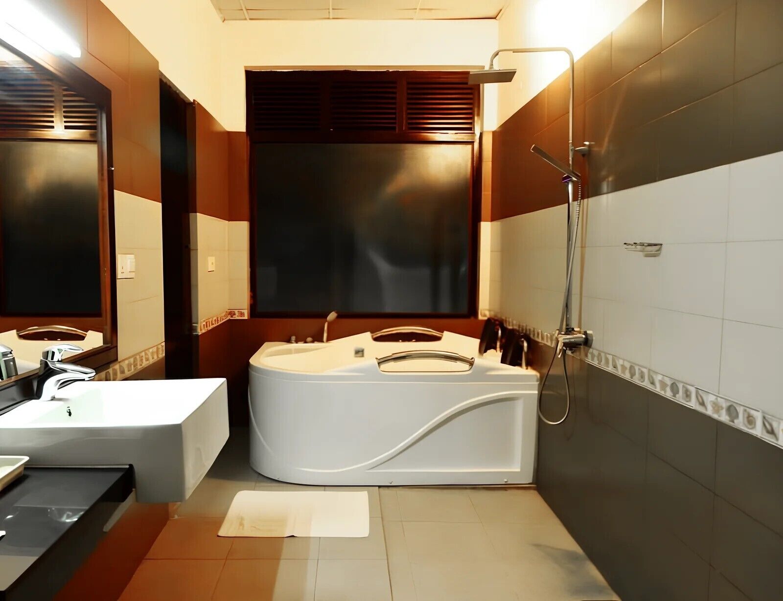 A modern bathroom with a freestanding bathtub, a sink, and a shower.