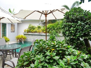 Outdoor pool, pool umbrellas, pool loungers