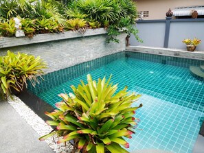 Alberca al aire libre, sombrillas en la alberca y camastros 