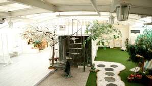 Amplio espacio interior con una escalera, follaje artificial y un sendero de guijarros.