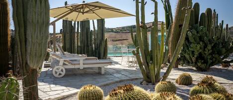 Piscine extérieure, parasols de plage, chaises longues