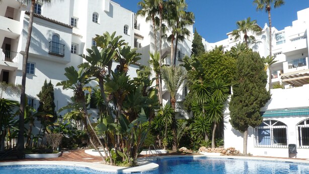 A swimming pool surrounded by white buildings, palm trees, and a clear blue sky. - Pueblo Quinta (Benalmádena)