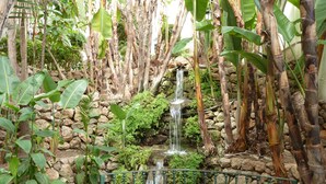 A tranquil indoor garden with a waterfall, lush greenery, and a koi pond. - Pueblo Quinta (Benalmádena)