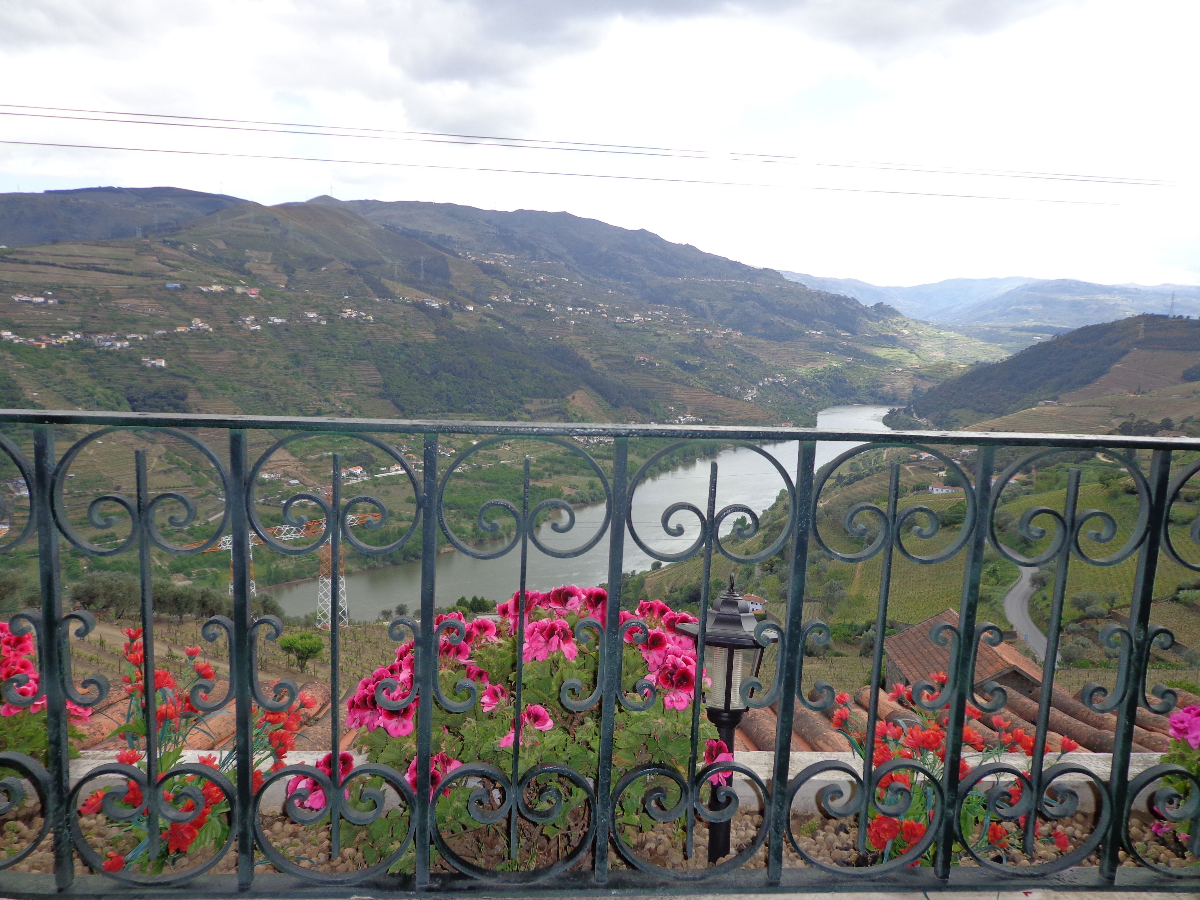 A balcony with wrought iron railings, a flower bed with pink flowers, and a view of a river and hills in the background.
