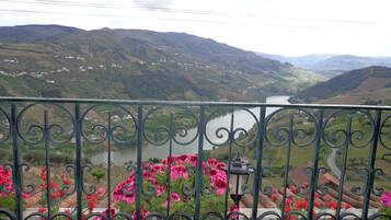 A balcony with wrought iron railings, a flower bed with pink flowers, and a view of a river and hills in the background.