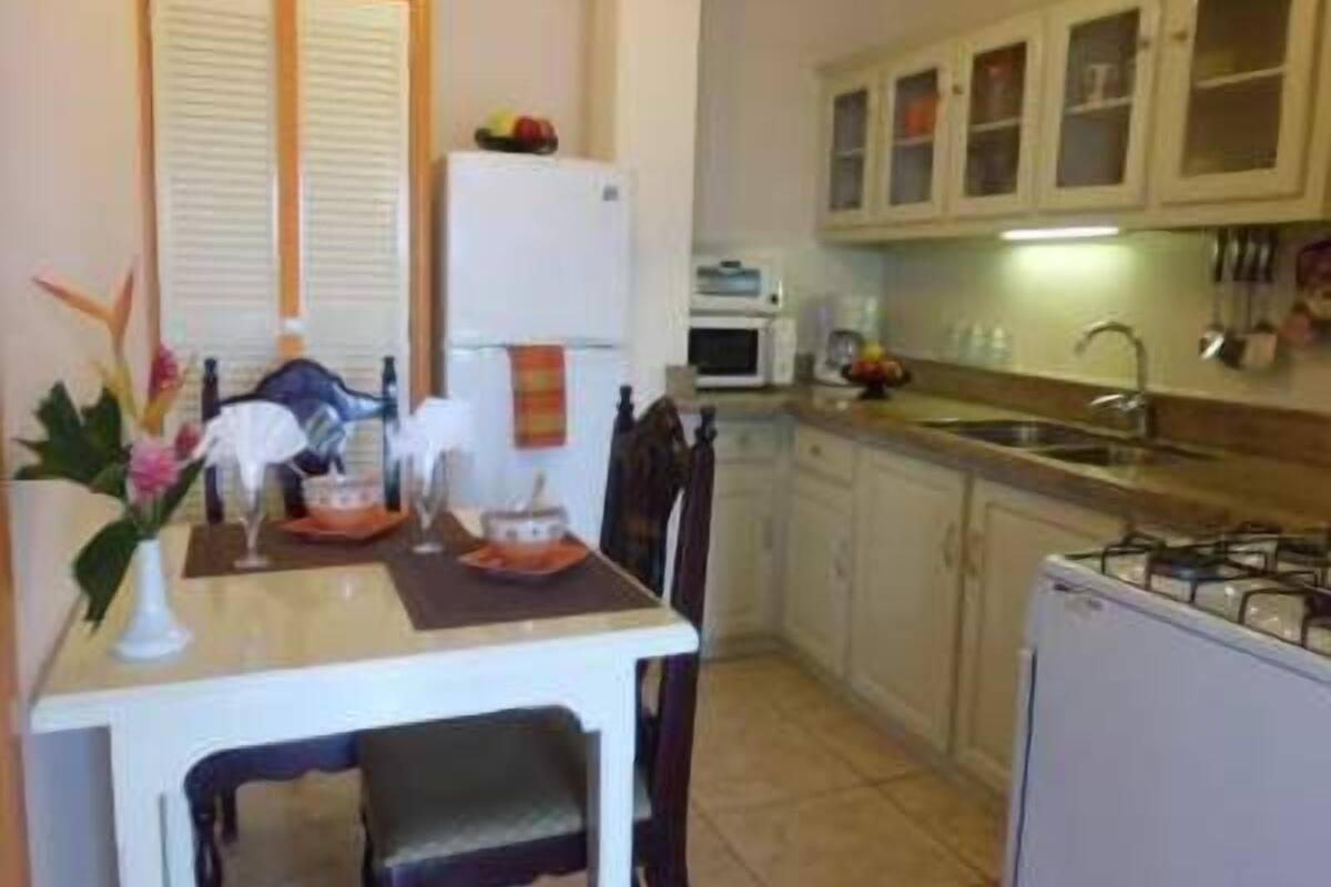 A compact kitchen with a dining table, chairs, and basic appliances.