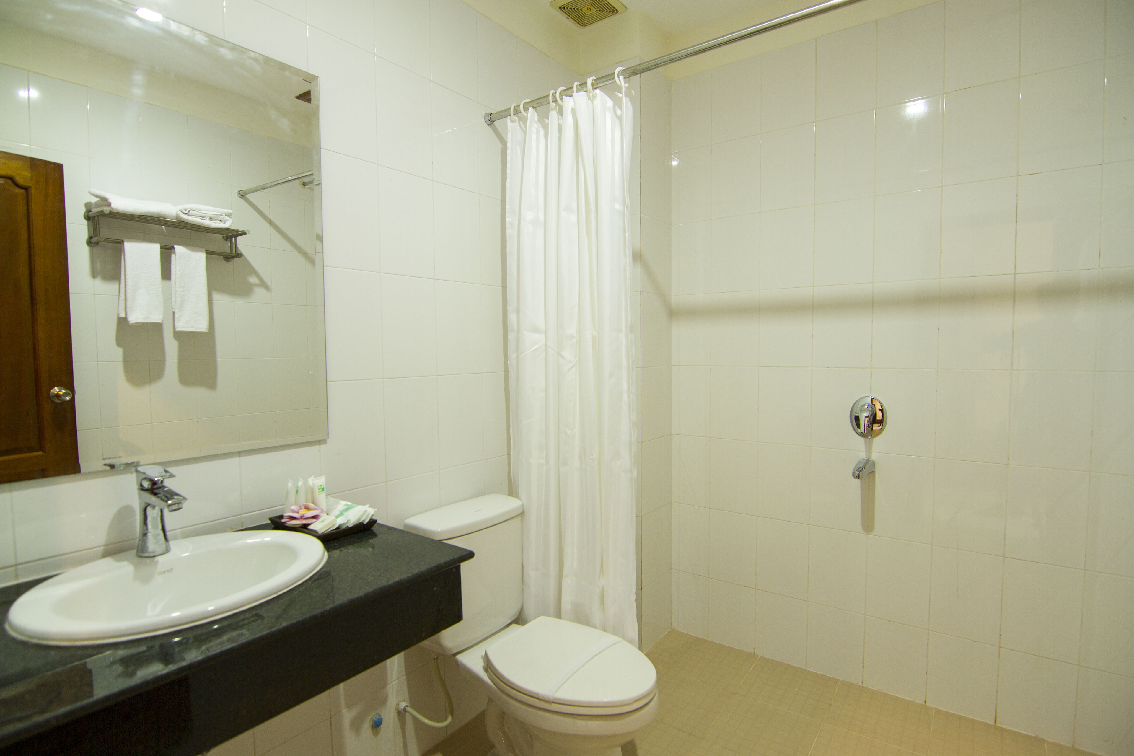 A bathroom with a white sink, toilet, and shower curtain.