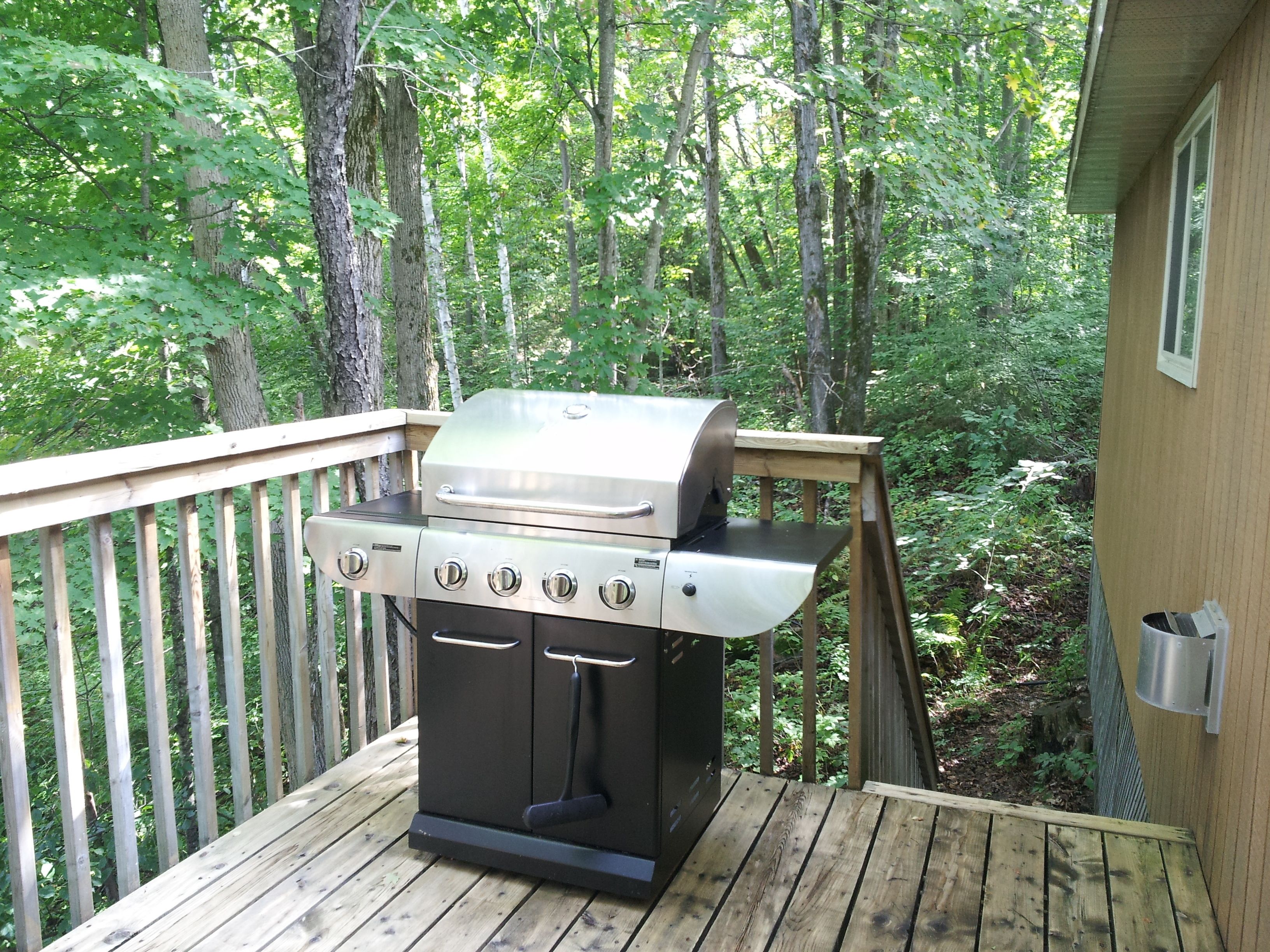 Un barbecue installé sur une terrasse en bois, avec vue sur une forêt.
