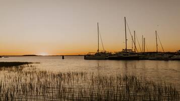 A marina with several sailboats docked at sunset.