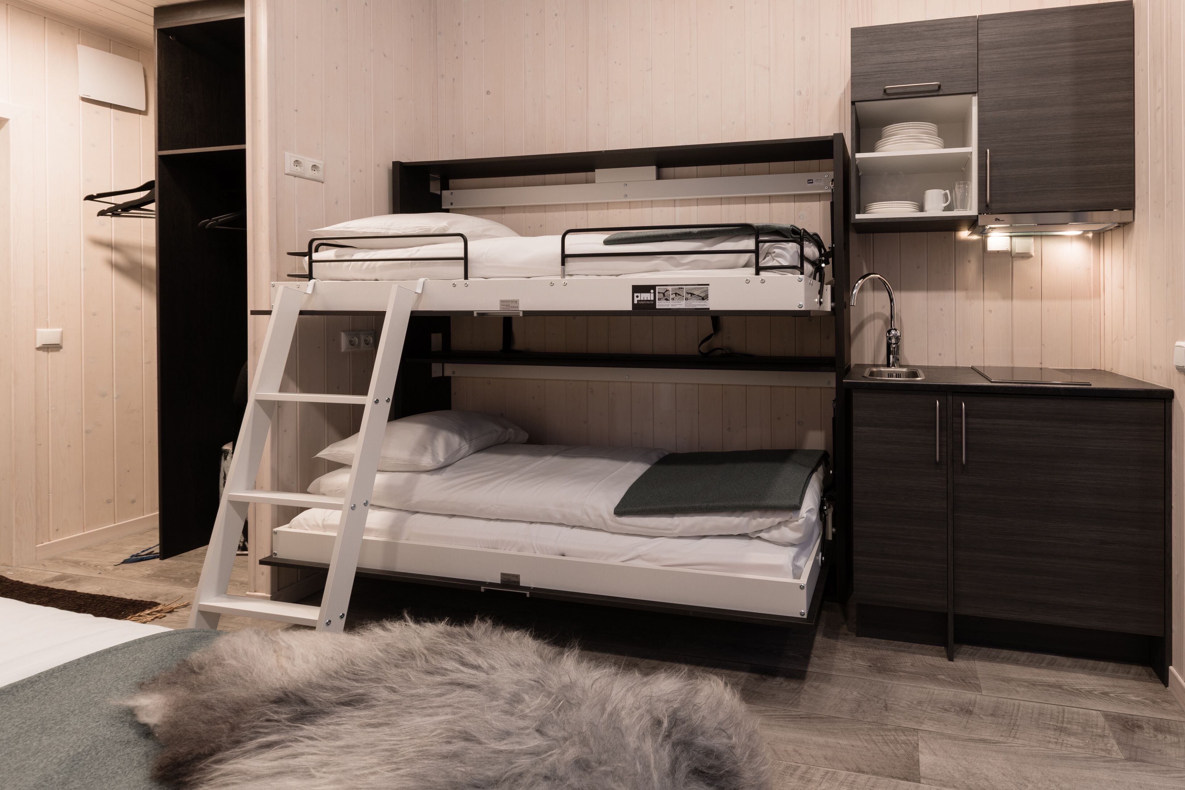 A bunk bed with a desk and a cabinet, a ladder, and a fur rug on the floor.