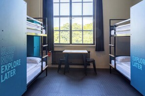 A dormitory room with bunk beds, a desk, and a window with a view of trees. - Stayokay Eindhoven - Hostel (Eindhoven)