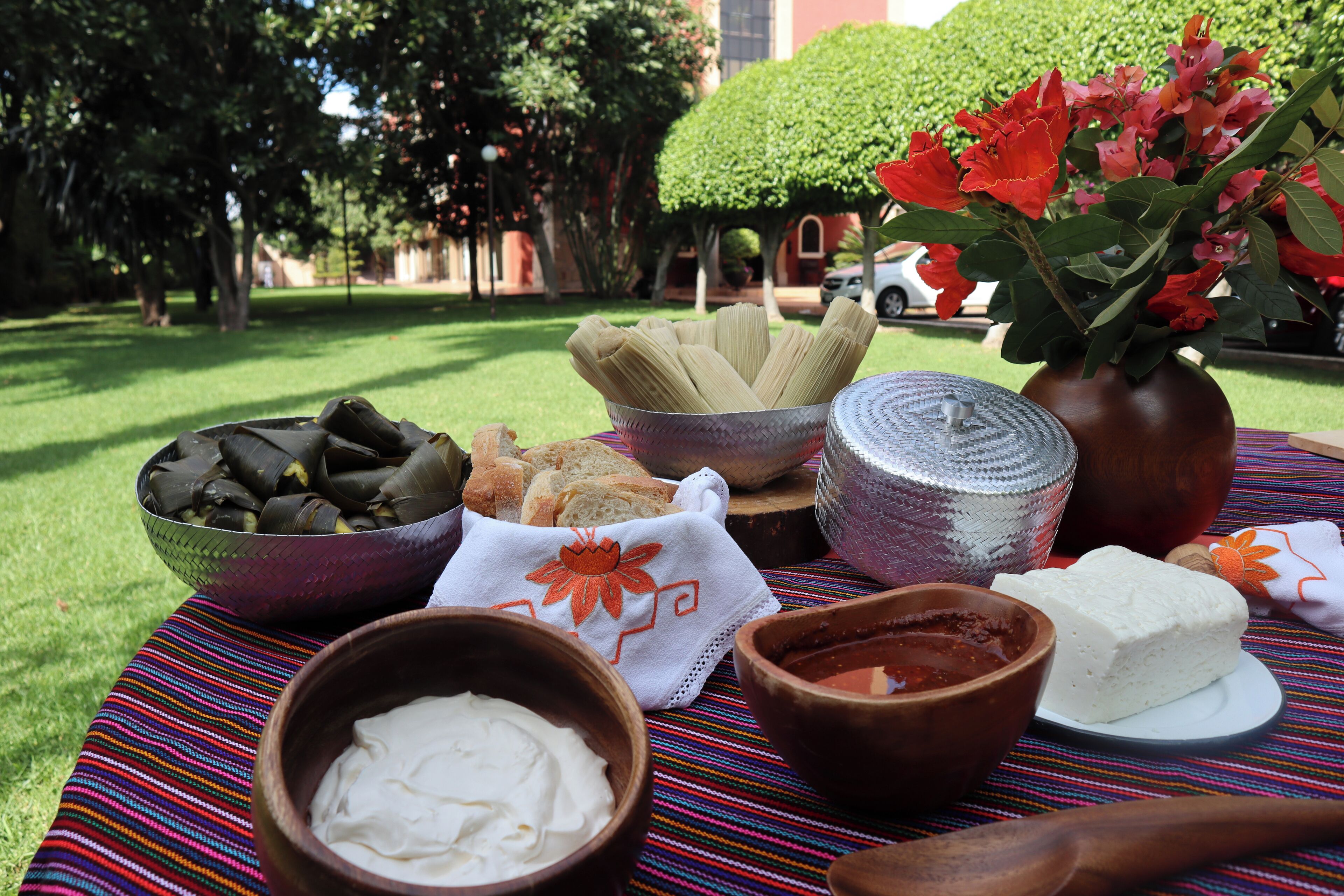 A picnic setup with food items on a colorful cloth, including a bowl of guacamole, a bowl of white cheese, and a basket of bread.