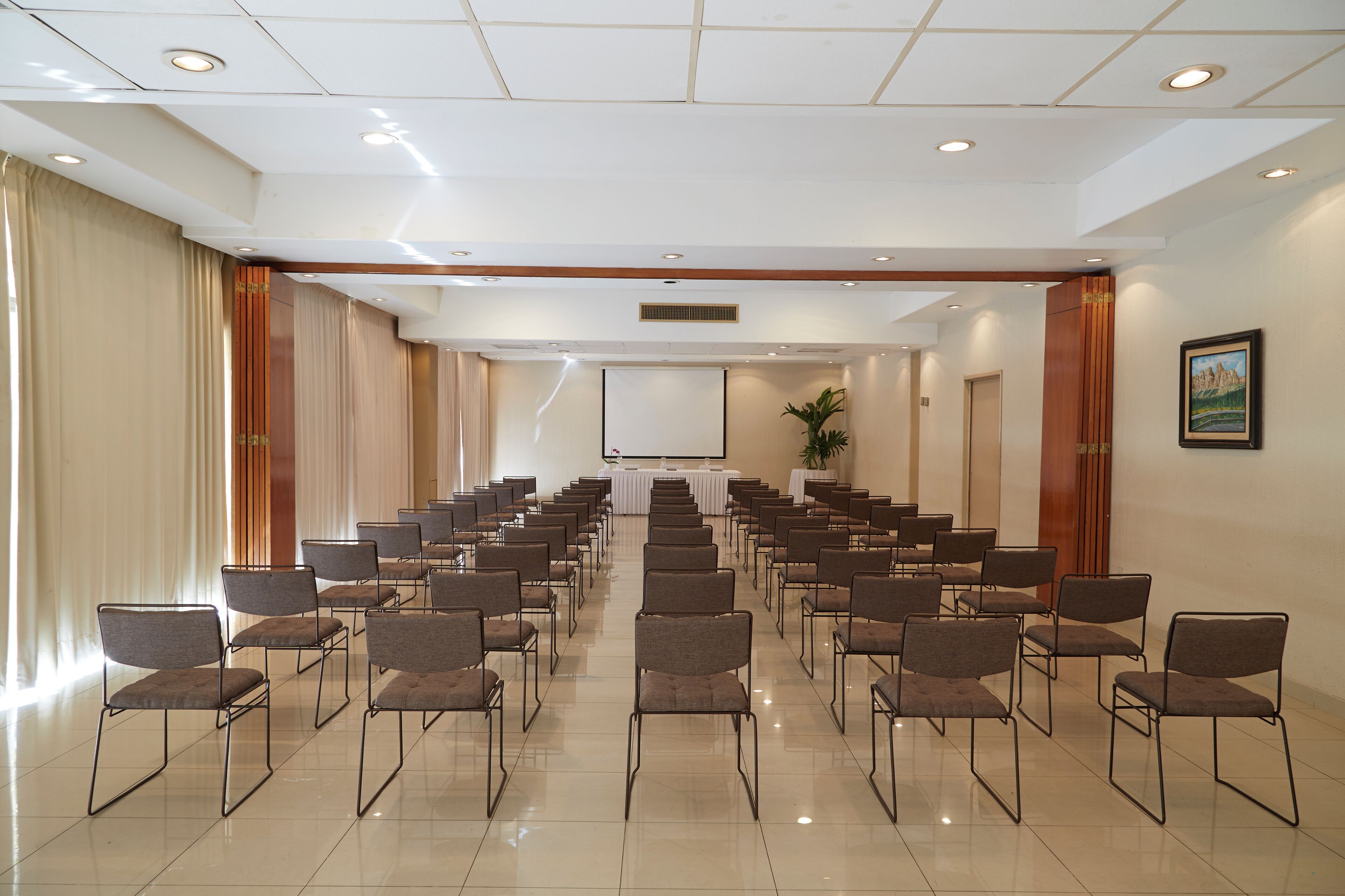A conference room with rows of chairs facing a stage, a large screen, and a potted plant.