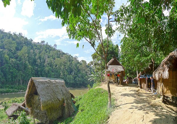 A rural village with thatched-roof huts, a dirt path, and a river in the background.