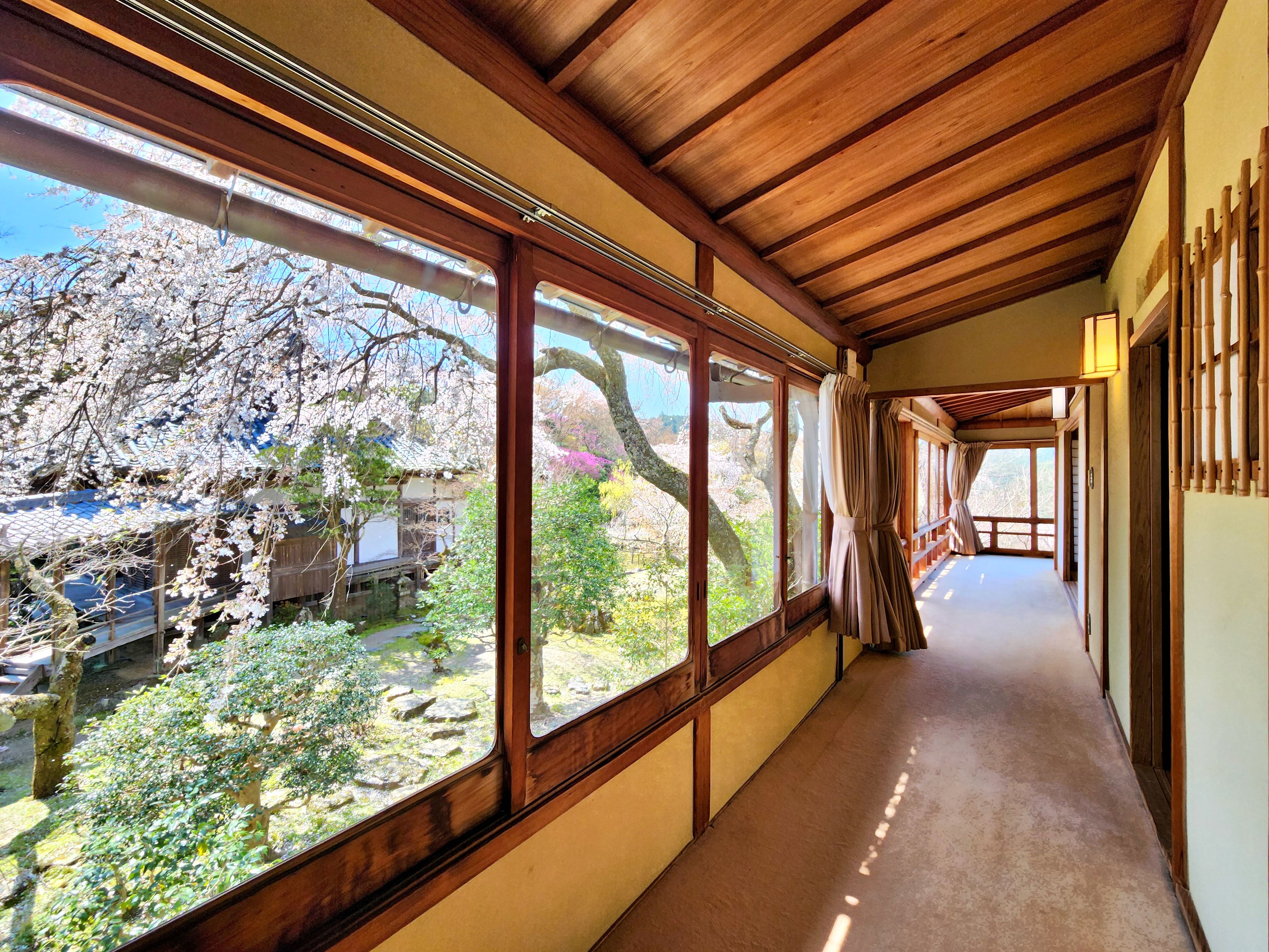 Un pasillo con vigas de madera y grandes ventanales con vistas a un jardín de cerezos.