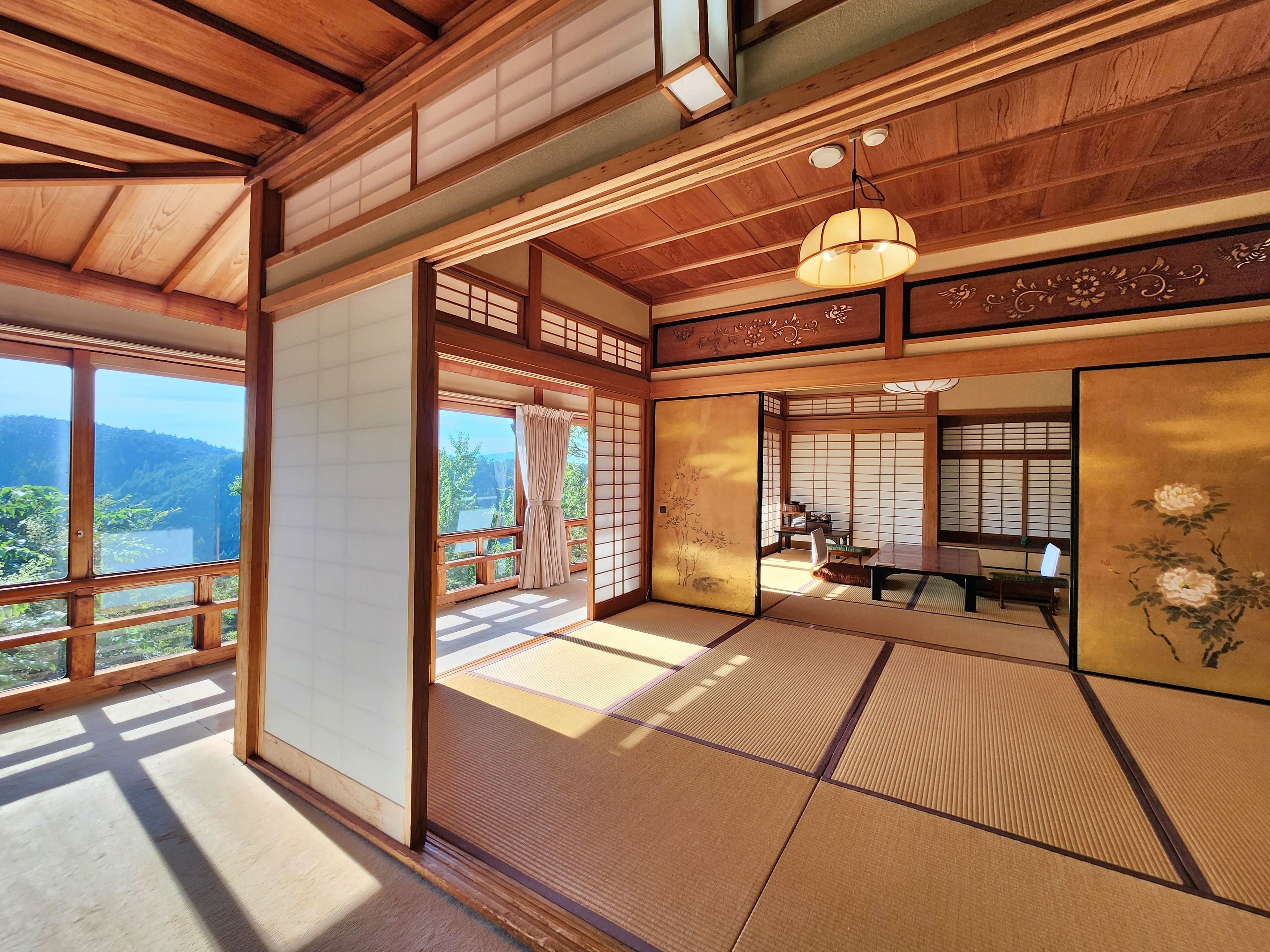 A traditional Japanese room with tatami flooring, sliding doors, and a view of a mountainous landscape.