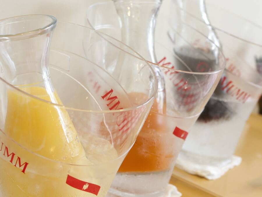 A series of measuring cups with different colored liquids.