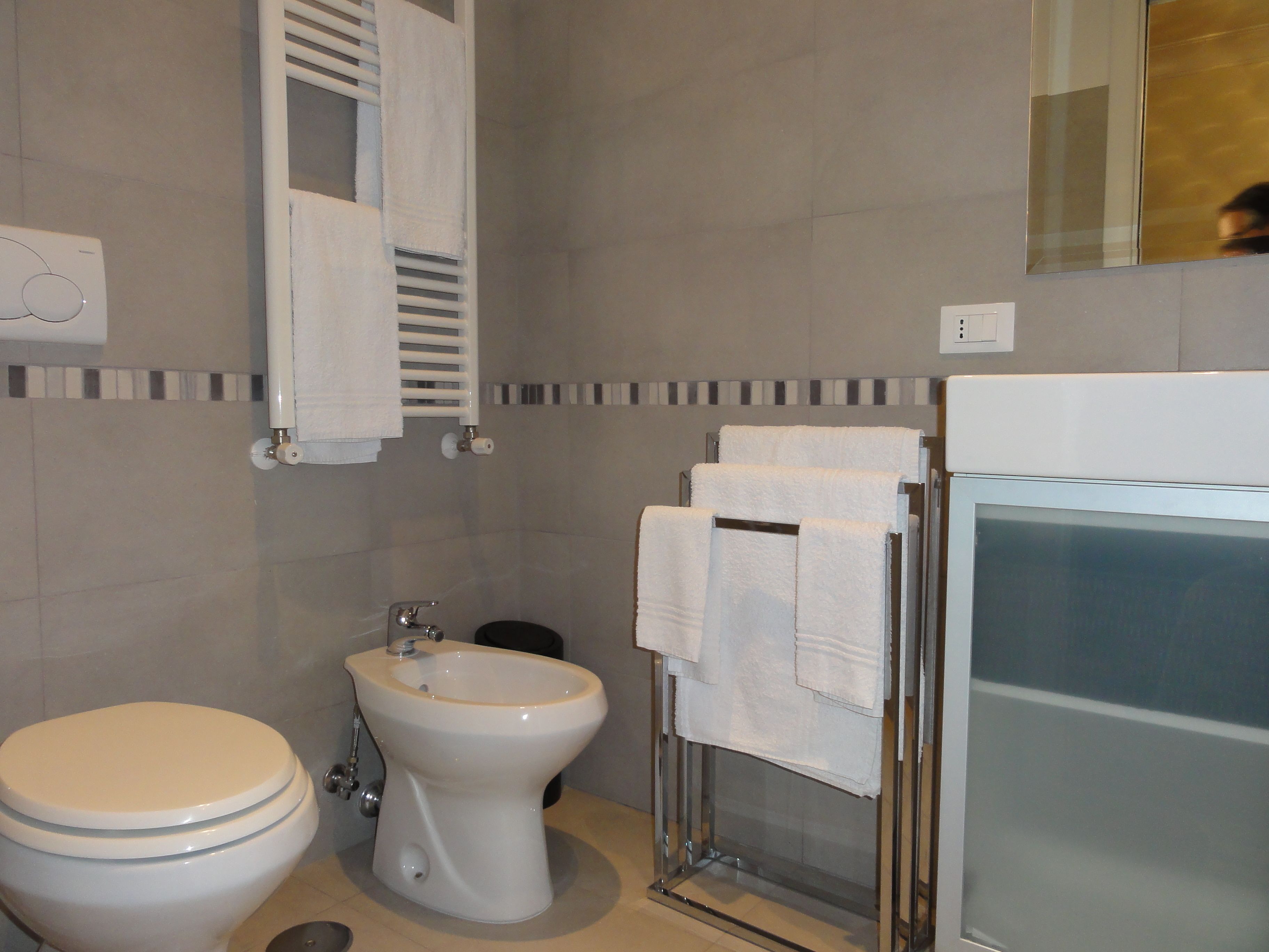 A bathroom with a toilet, bidet, and a glass shower enclosure with towels.