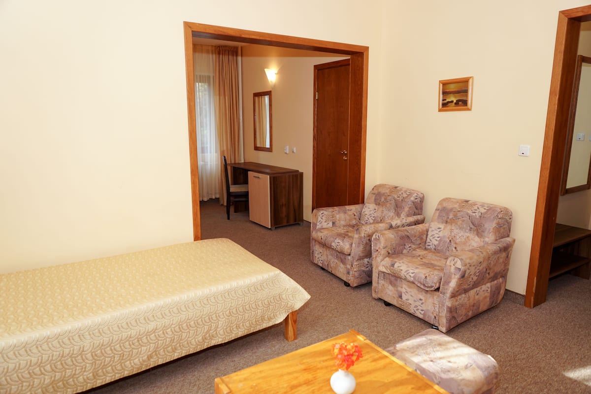 A room with a single bed, two patterned armchairs, a small wooden table with a vase, a desk, and a mirror on the wall.