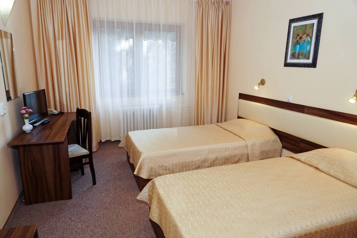 A hotel room with two beds, a desk with a chair, a television, and a painting on the wall.