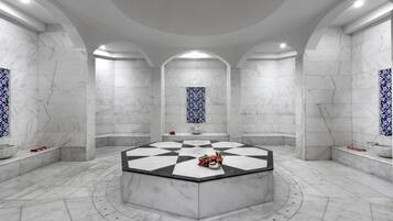 Bathroom features a central platform, checkered floor, and marble walls with decorative tiles.