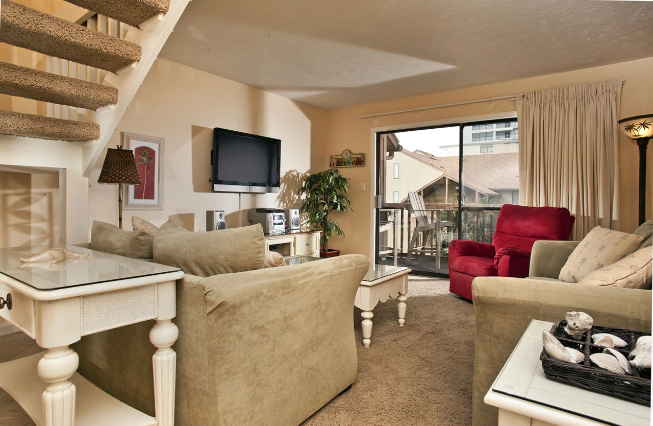 3 Bedroom Condo, Poolside (Sleeps up to 8) | Living area | LCD TV, DVD player