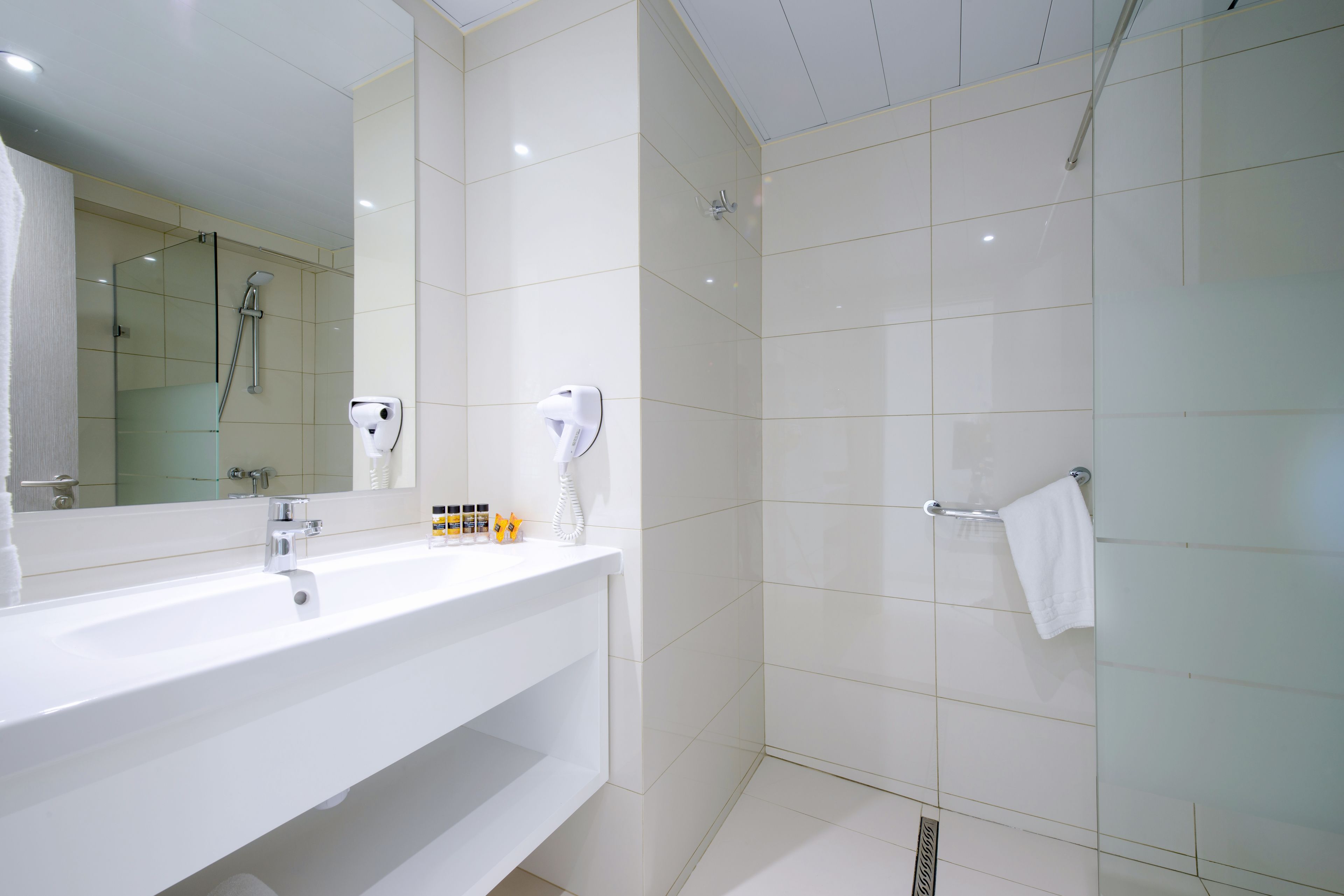 shower, free toiletries, hair dryer, towels