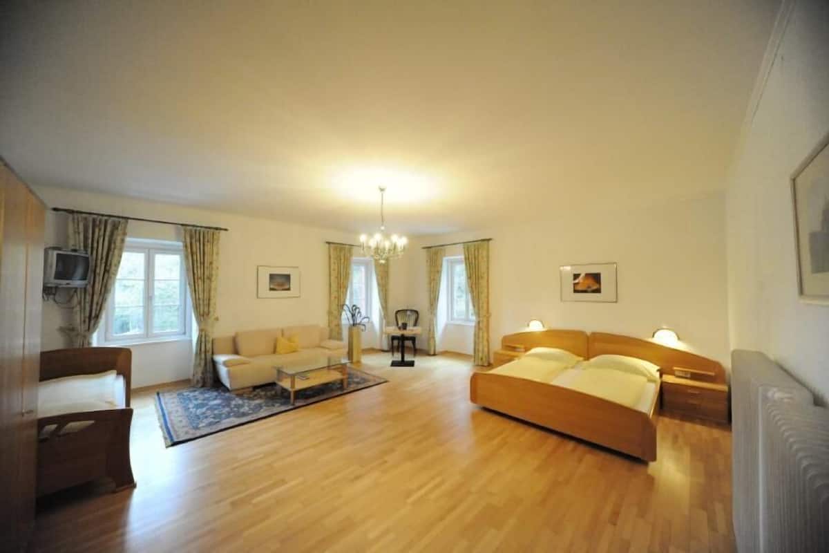A spacious room with a large bed, a sofa, a small table, and a TV.