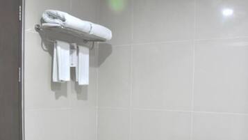 Een moderne badkamer met een toilet, een handdoekhouder en een douche.