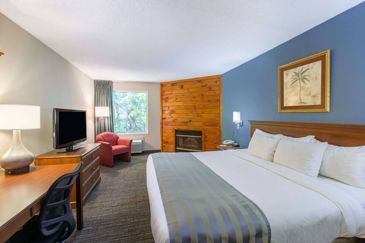 Une chambre d’hôtel avec un lit, un bureau avec un ordinateur, une télévision, un fauteuil rouge, une cheminée et une fenêtre donnant sur des arbres.