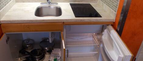 Cocina compacta con pileta de acero inoxidable, estufa eléctrica negra y refrigerador integrado.