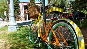 Una bicicleta con canasta y asiento de mimbre estacionada sobre césped cerca de una calle.