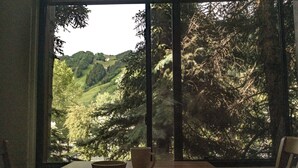 Una mesa de comedor con dos cuencos y una taza, con un paisaje de colinas boscosas al fondo.