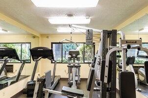 Un gimnasio con diversos equipos de ejercicio, incluyendo cintas de correr y máquinas de pesas, y ventanas amplias que dejan entrar luz natural.