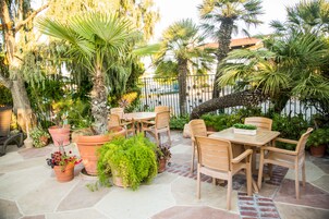 Outdoor pool, pool umbrellas, sun loungers