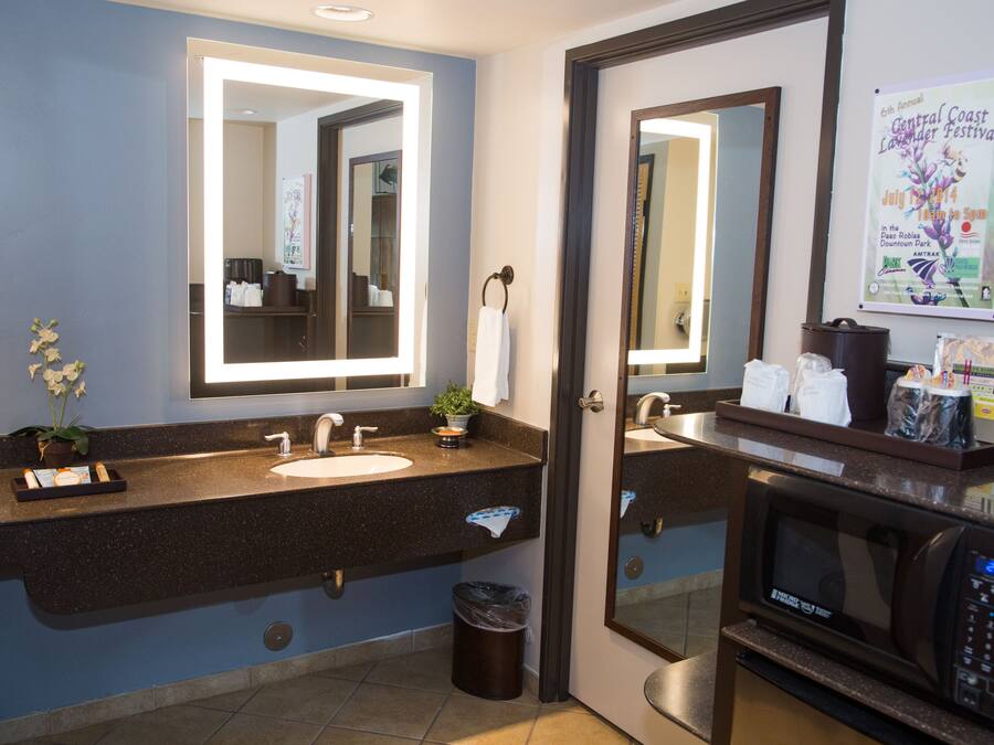 A modern bathroom with a double sink, a large mirror, a microwave, and a trash can.