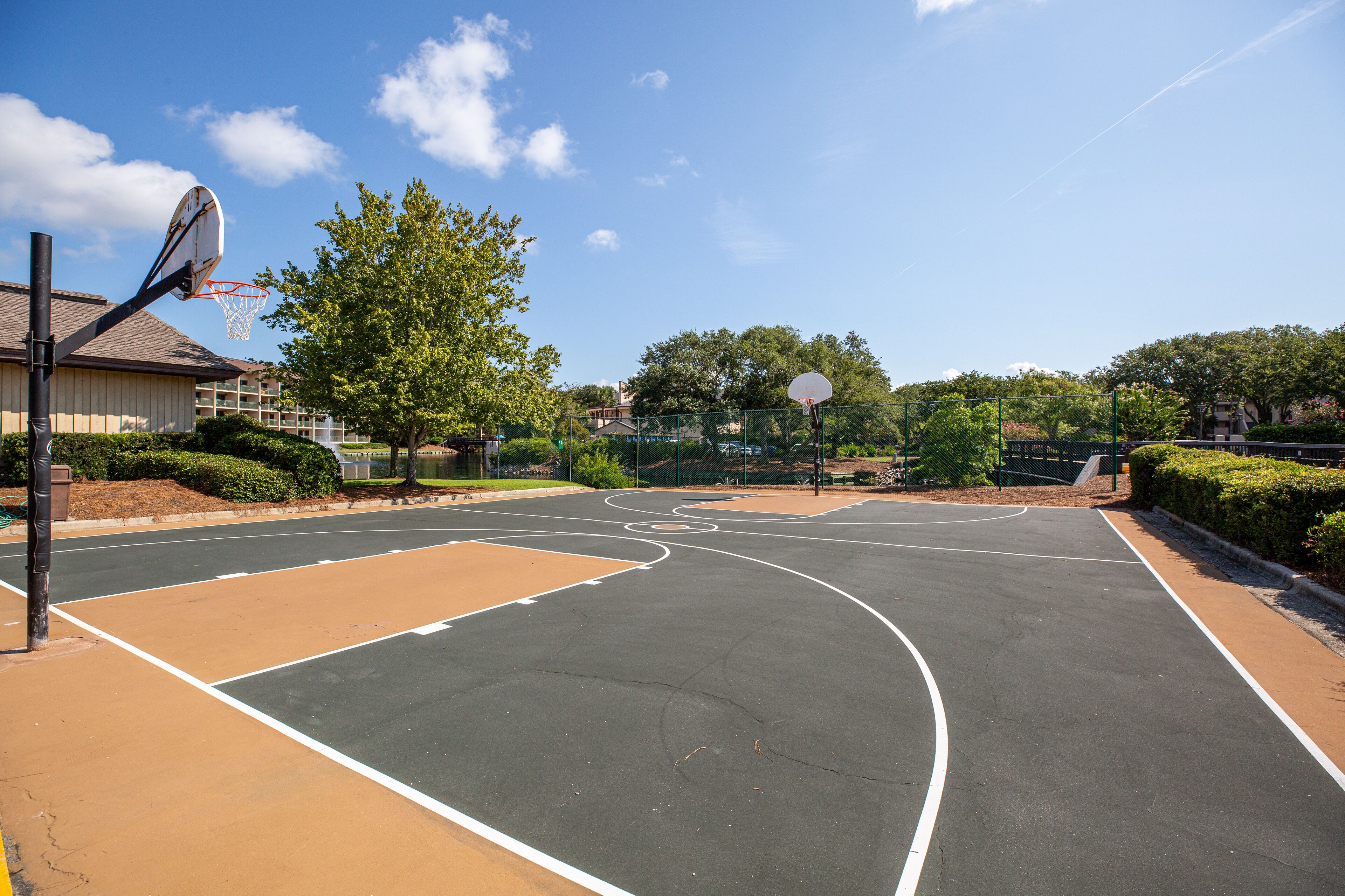 Un terrain de basket en plein air, avec un panier, entouré d’arbres et d’une clôture.
