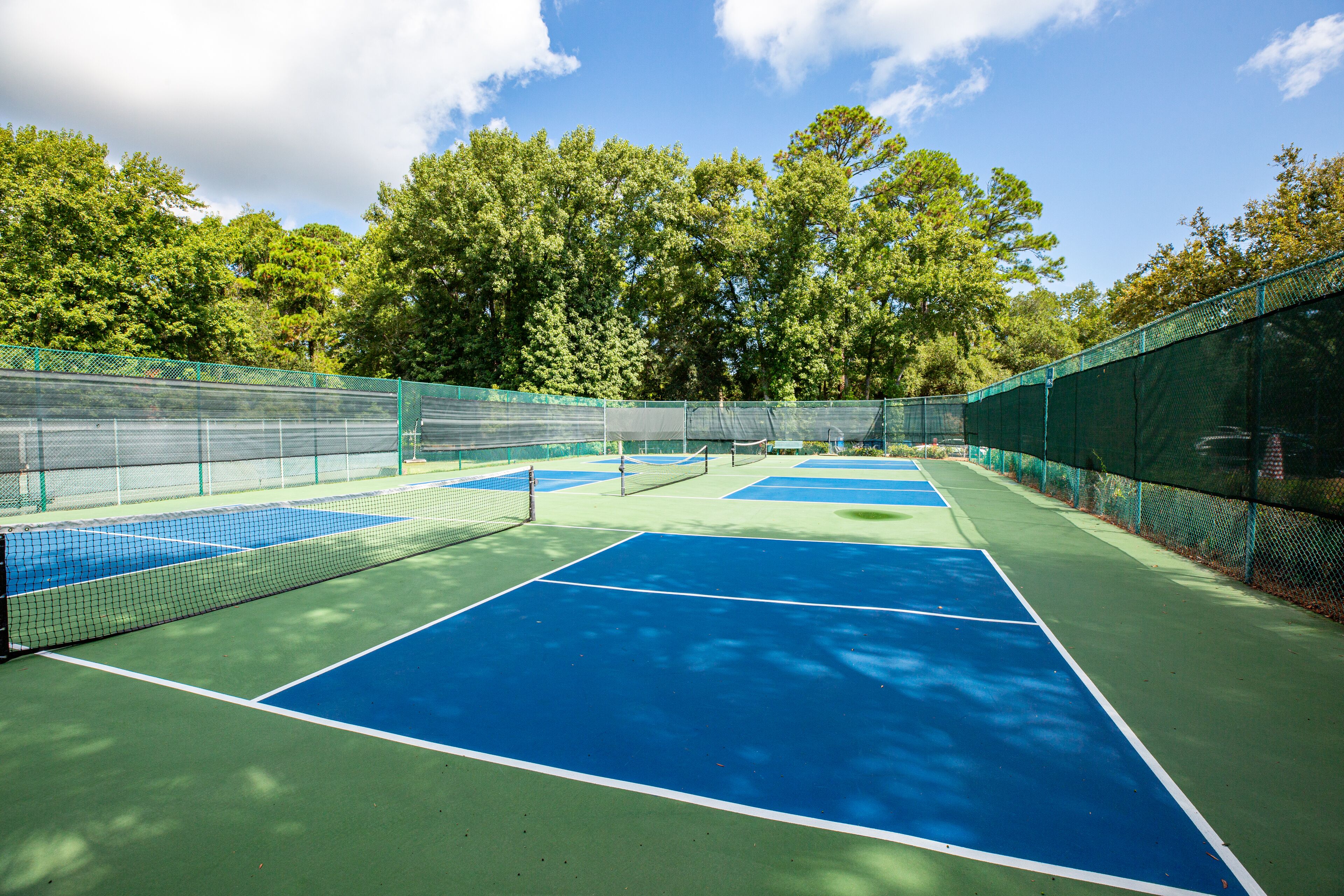 A tennis court with a net, surrounded by green fencing and trees.