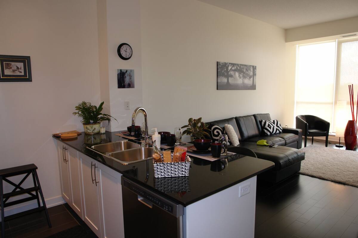 A modern kitchen with a black countertop, white cabinets, and a built-in dishwasher. There is a dining area with a black sofa and a coffee table.