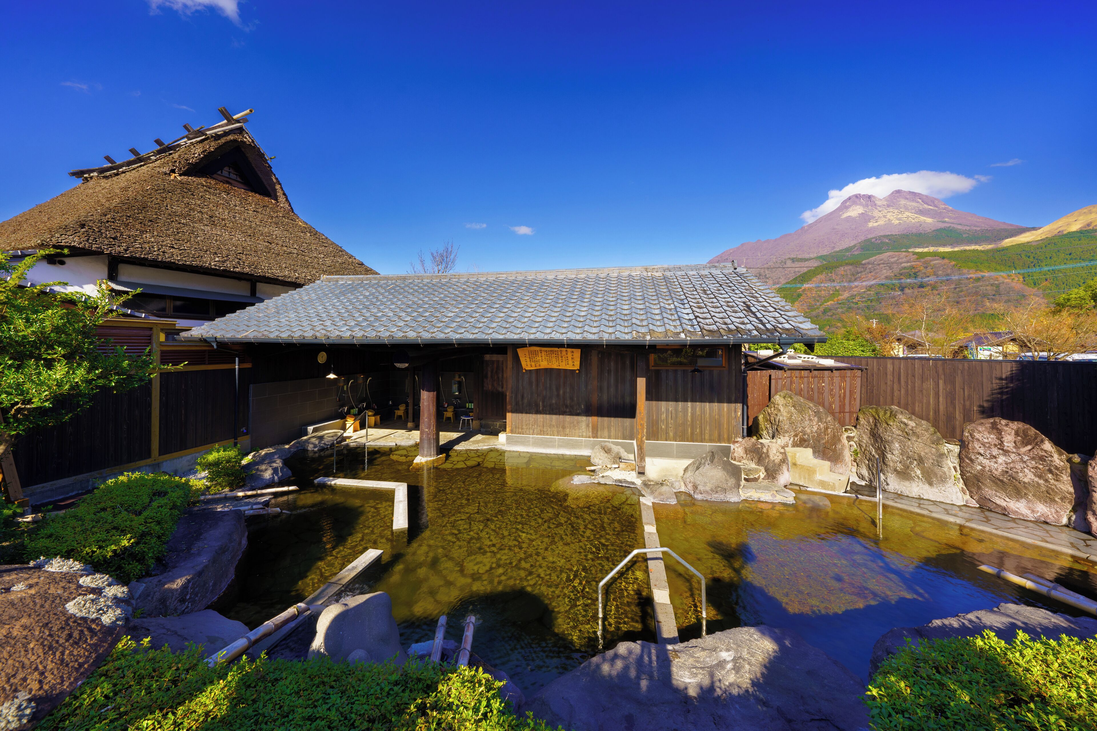 A traditional Japanese building with a thatched roof, a small pond, and a mountain in the background.