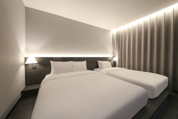 A hotel room with two beds, a dark wood headboard, a large window with curtains, and wall-mounted lamps. - H Avenue Sangmu (Gwangju)