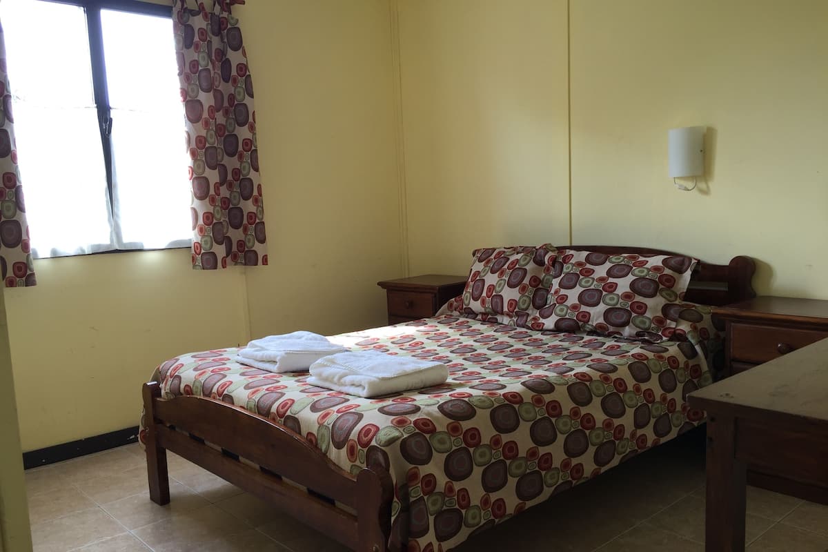 Une chambre à coucher comprenant un lit, une table de chevet, une lampe de chevet, une fenêtre avec des rideaux et un luminaire fixé au mur.