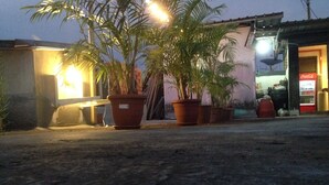 Un edificio con un refrigerador Coca-Cola, plantas en macetas y una farola.
