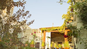A courtyard with stone walls, potted plants, and a dog lying on the ground.