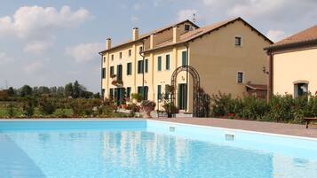 Seasonal outdoor pool, pool umbrellas, pool loungers