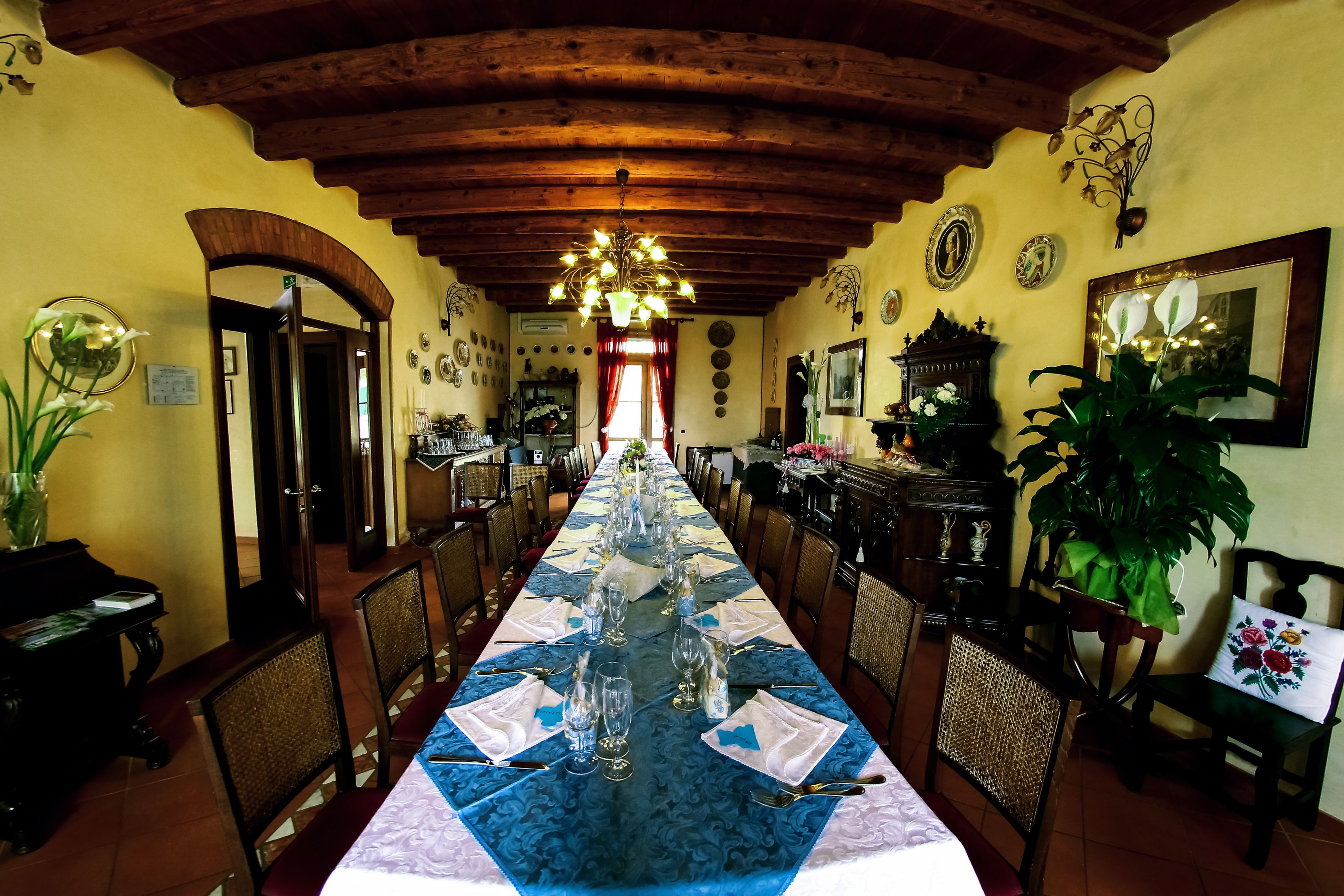 A long dining table set with blue tablecloth and white napkins, surrounded by wooden chairs.