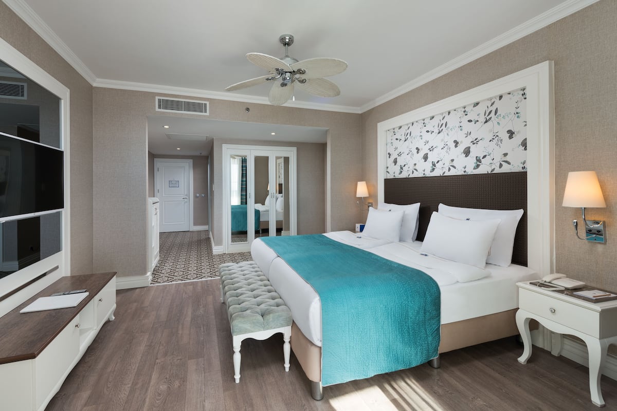 A hotel room with a large bed, a TV, a ceiling fan, a bedside lamp, and a bathroom visible through an open door.