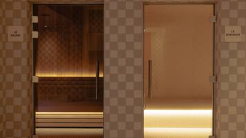 Two doors labeled "LE SAUNA" and "LE HAMMAM" with a checkered tile pattern on the walls.