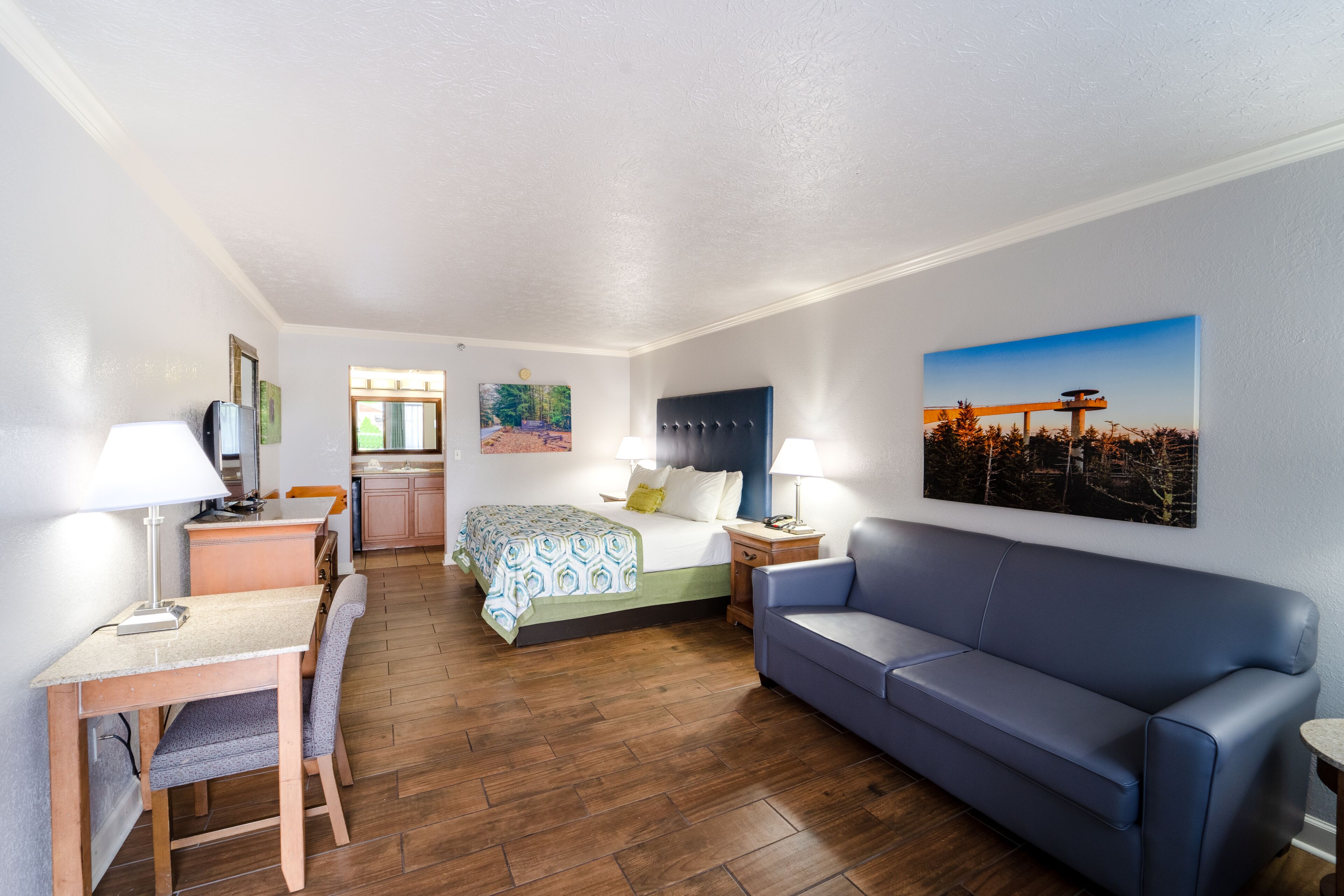 room | desk, laptop workspace, blackout curtains, iron/ironing board