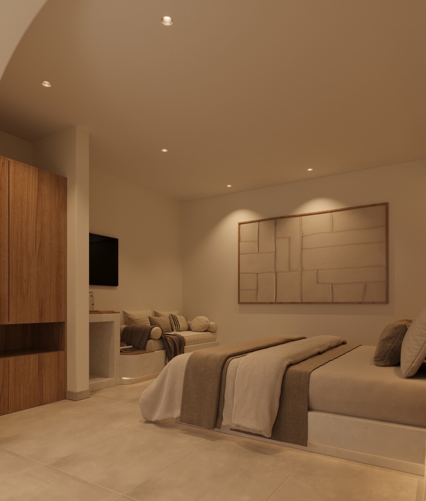 A modern bedroom with a sofa, a bed, a wooden wardrobe, and a wall-mounted artwork.